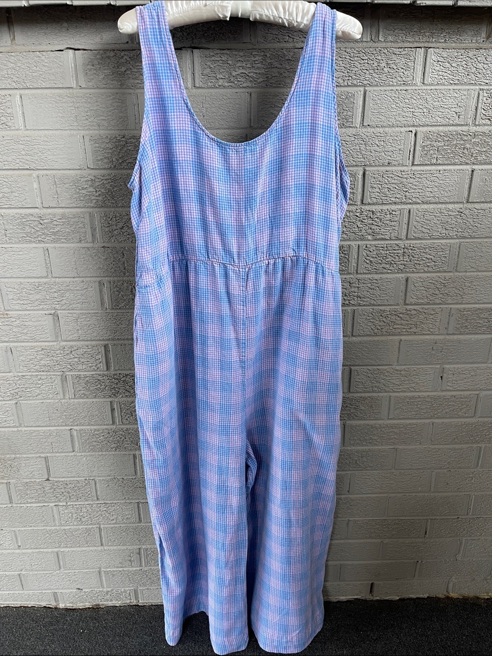 Patagonia Grand Island Hemp Jumpsuit Romper- Blue and Pink Checked- size XL